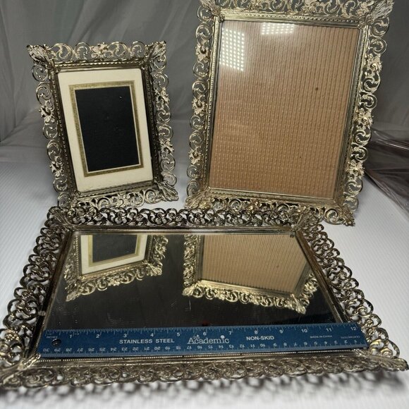 Vintage Mirror Dresser Tray Vanity Mirror Tray Gold Filigree W/Matching Frames - Picture 1 of 5